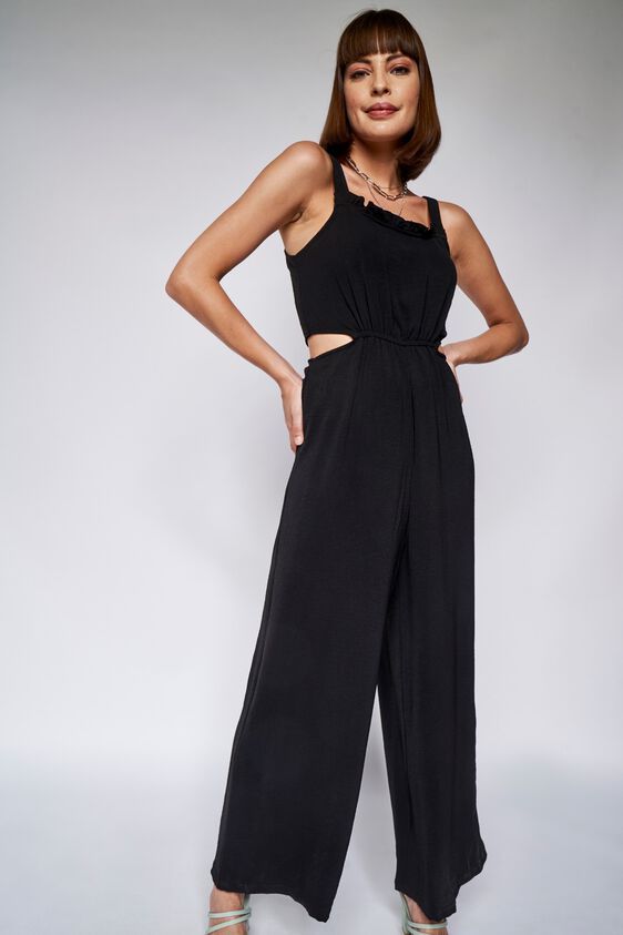 Black Solid Fit and Flare Jumpsuit, Black, image 3